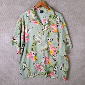 Ocean Blue Shirt Mens XL Green Pink Hawaiian Flamingo Floral Print Button Up